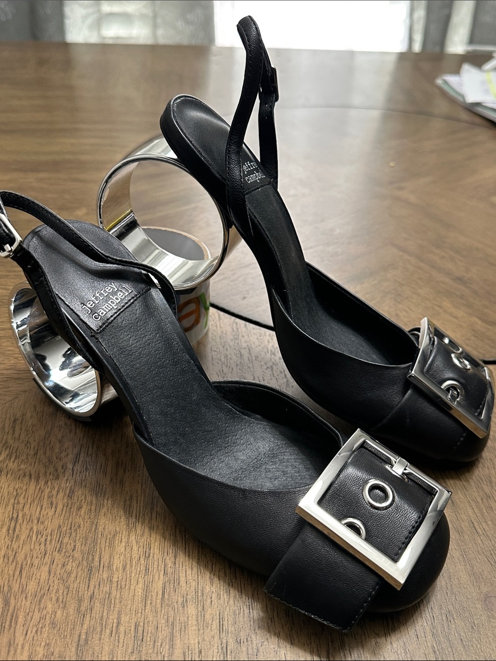Jeffrey Campbell Black Slingback Pumps with Silver Buckle & Chrome Heel